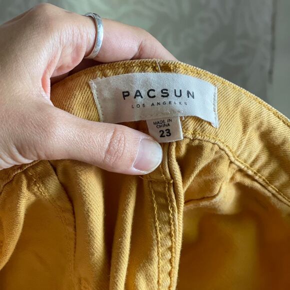 Pacsun Yellow Denim Tie Waist Raw Hem Boho Festival Mini Skirt Size 23" - Picture 7 of 8